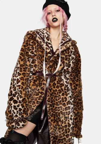 Leopard Faux Fur And Brown Leather Long Sailor Collar Coat