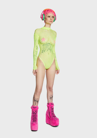 Fever Long Sleeve Zipped Bodysuit - Neon Yellow