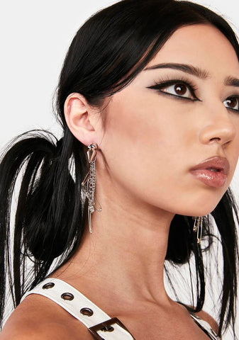 Distortion Safety Pin Chain Spike Earrings