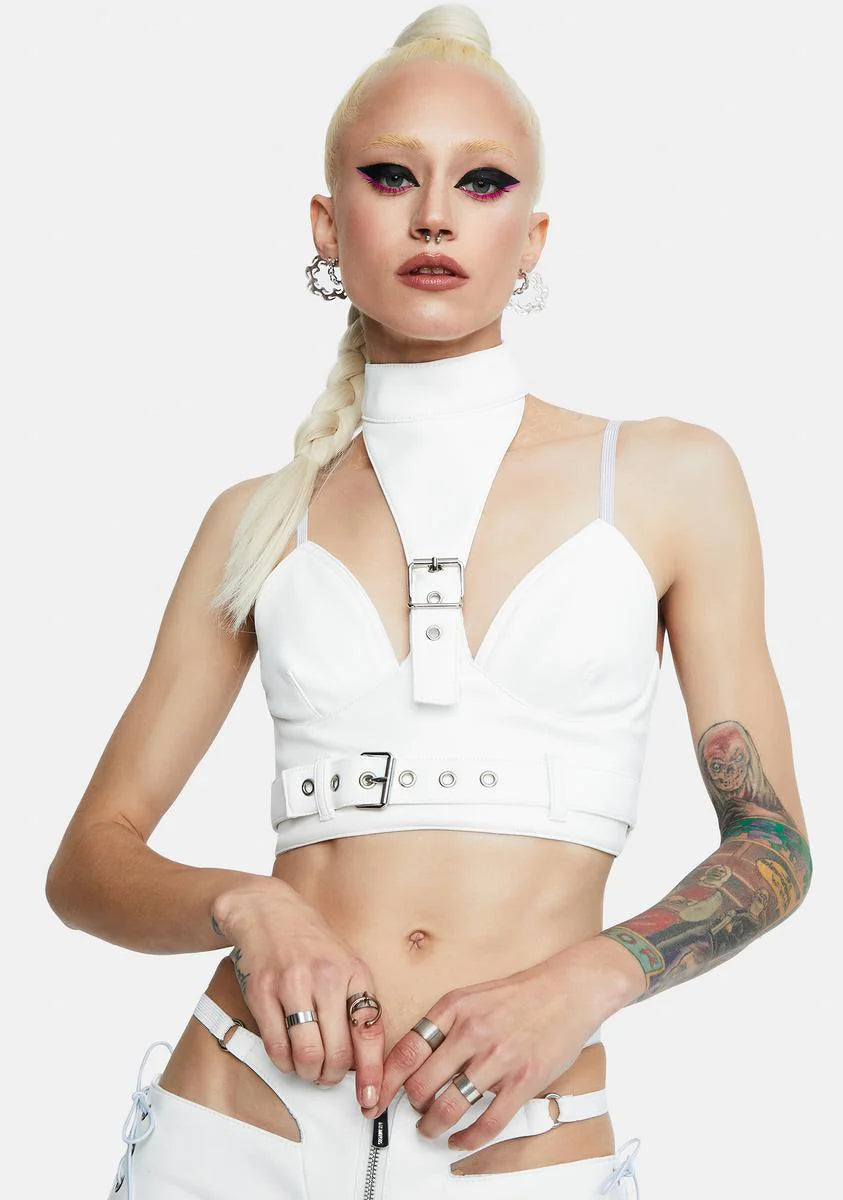 White Neckholder Buckle Top