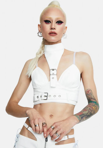 White Neckholder Buckle Top