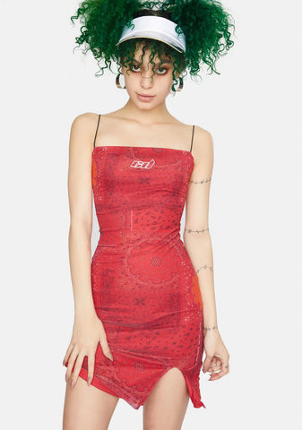 Red Satin Bandanna Straight Neck Cami Dress