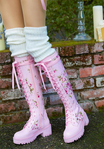 On The Vine Floral Lace Knee High Combat Boots