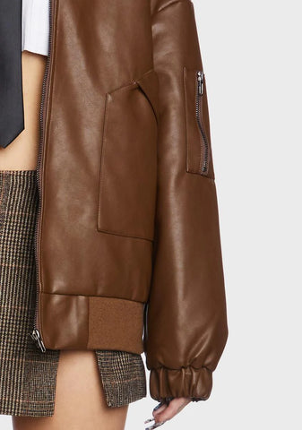 Faux Leather Oversized Bomber Jacket - Brown