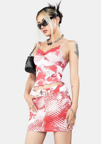 Red Dot Print Denim Mini Skirt