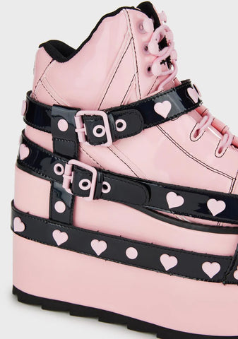 Qozmo Bondage Platform Sneakers - Pink/Black Hearts