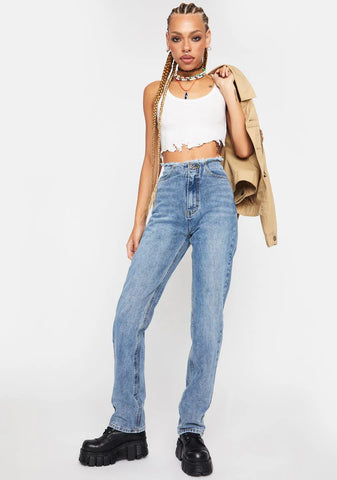 Vintage Wash Raw Hem Straight Leg Jeans