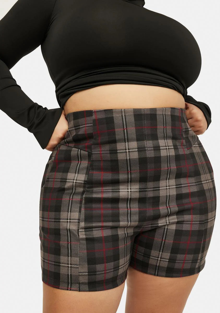 Noir I'm Fashionably Late Plaid High Waist Shorts