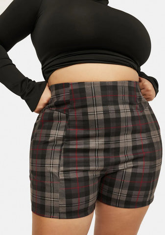 Noir I'm Fashionably Late Plaid High Waist Shorts