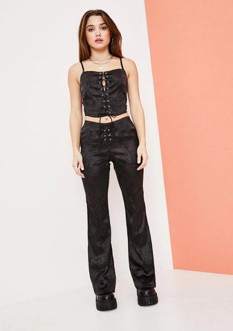 Slick Should Be Dancing Floral Satin Lace Up Pants