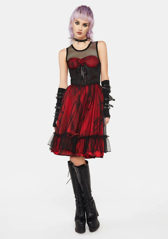 Black And Red Dark Mesh Spliced Woven Dress