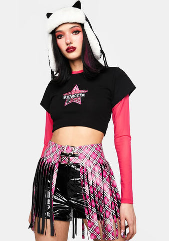 Pink Plaid Fringe Belt Skirt