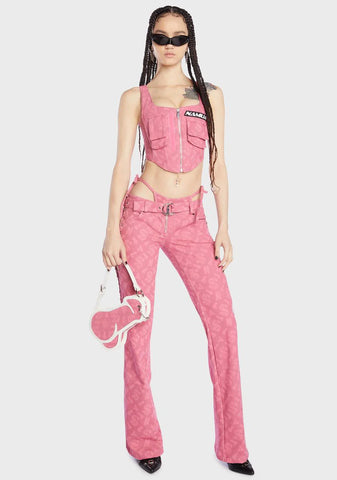 Pink Monogram Denim Low Cut Lace Up Pants