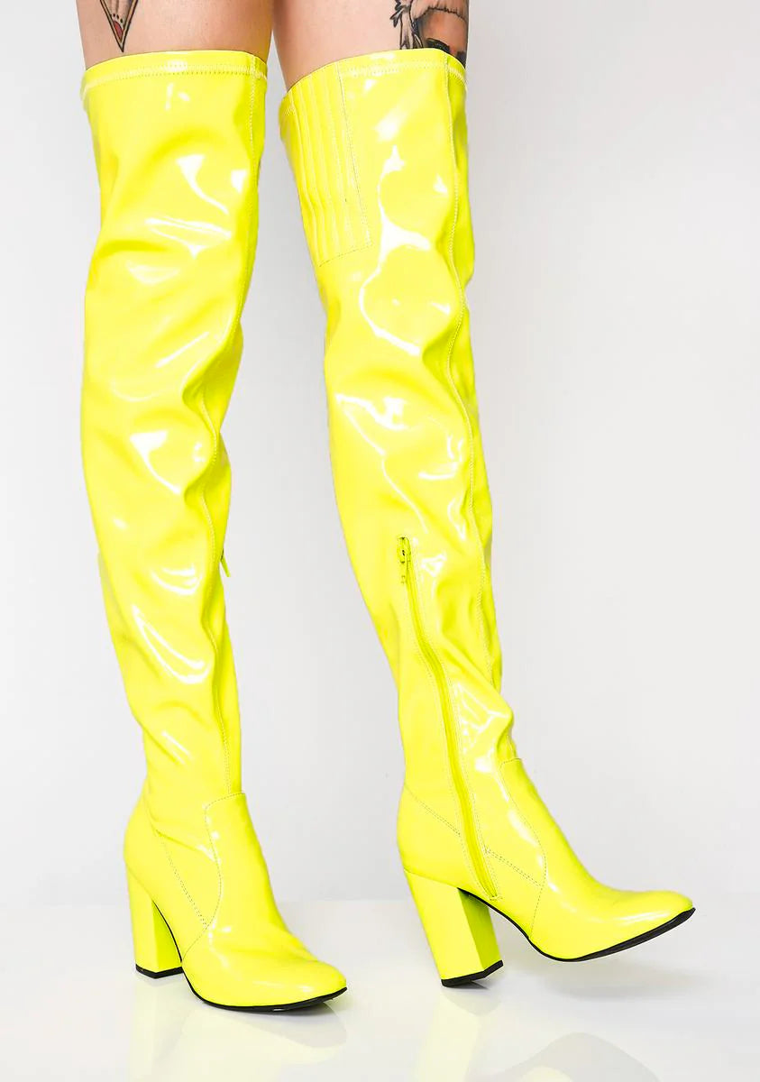 Cyber Yellow Thigh High Boots