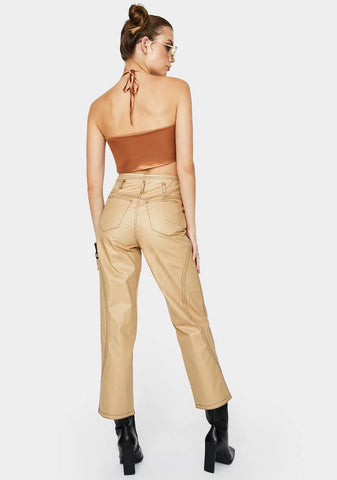 Beige Glossy High Waist Pants