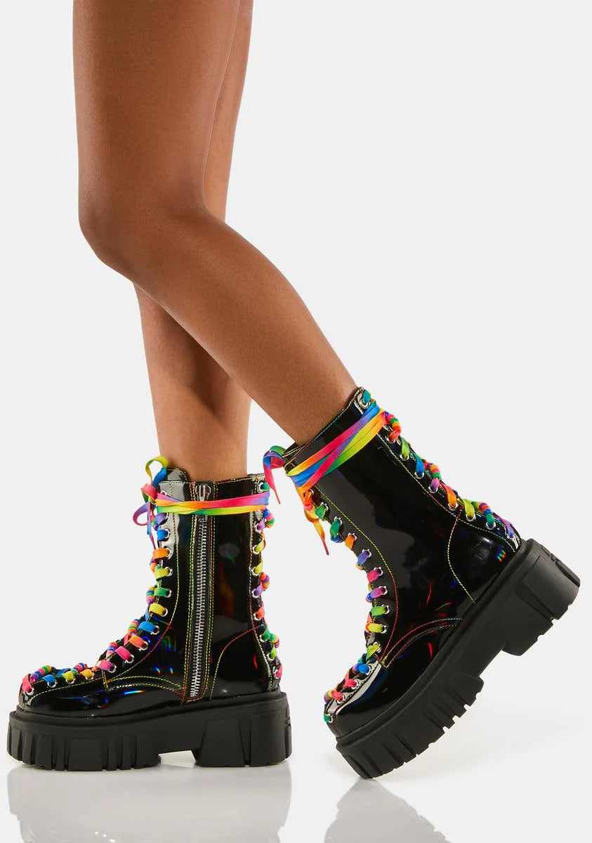 Laser Disco Rainbow Lace-Up Boots