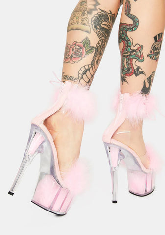Adore-724F Platform Marabou Ankle Cuff Sandals-Baby Pink