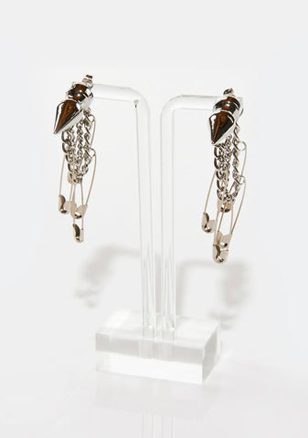 Distortion Safety Pin Chain Spike Earrings
