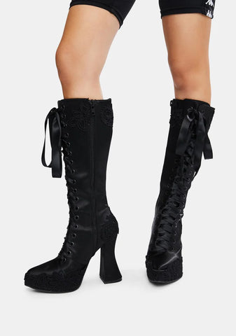 Paint It Black Satin Knee High Boots