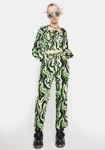 Green Swirl Print Trousers
