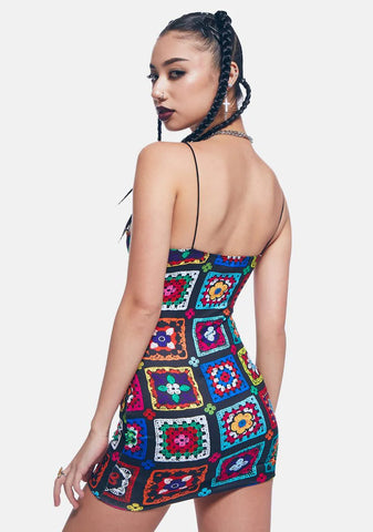 Retro Realness Crochet Print Mini Dress