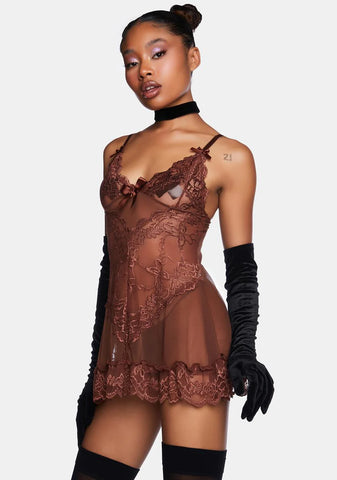 Cappuccino Valentine Lace And Bow Babydoll