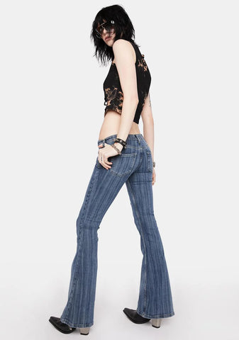 Blue Striped Flare Jeans