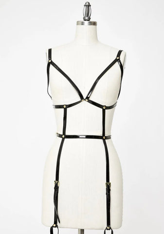 Black Open Harness Bra With Leg Cuffs
