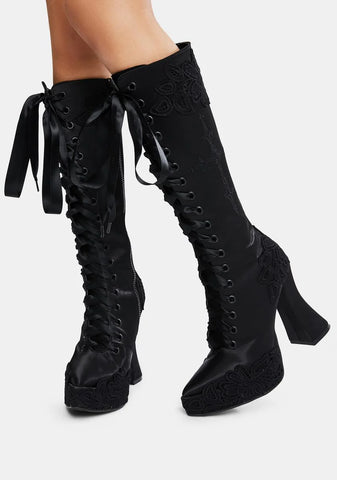Paint It Black Satin Knee High Boots