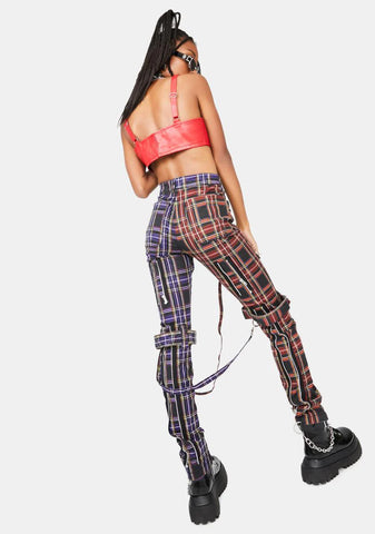 Purple Split Leg Plaid Bondage Pants