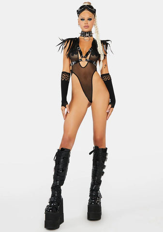 Black Vegan Leather Body Harness with Shoulder Fringe