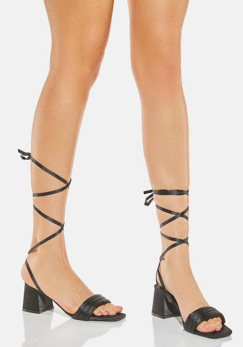 Caught Out Black Satin Block Heels