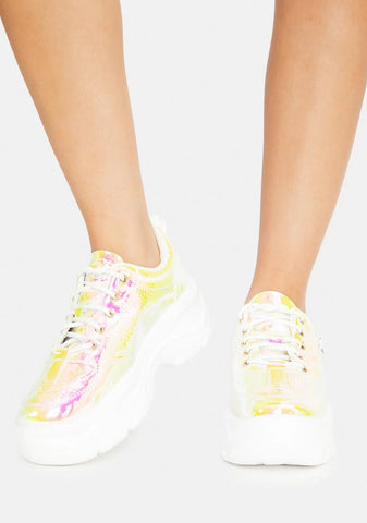 Iridescent Yellow Snake Platform Sneakers