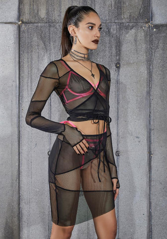 Snare Fishnet And Mesh Patchwork Wrap Top