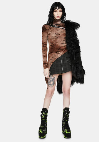 Brown Steampunk Asymmetrical Distressed T-Shirt