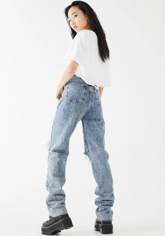 Mid Wash Long Straight Leg Jeans