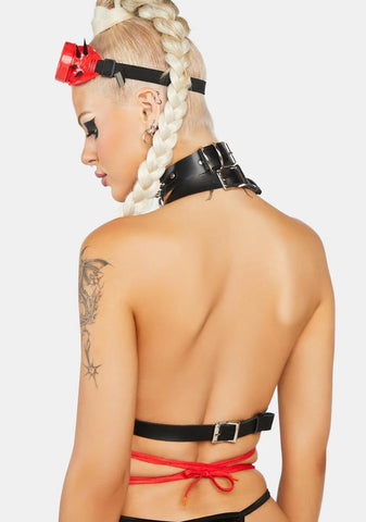 Black & Red Faux Leather Lace-Up Bra Top