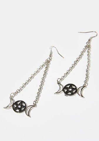 Moon Goddess Pentagram Chain Drop Earrings
