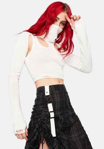 Distortion Off White Knit Cutout Turtleneck Top