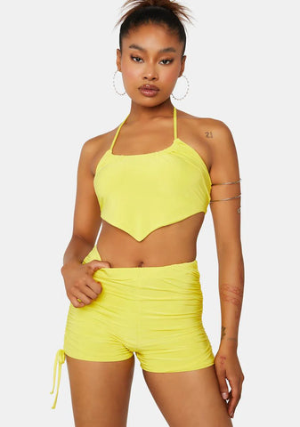 Sulphur Yellow Ruched Tie Side Booty Shorts
