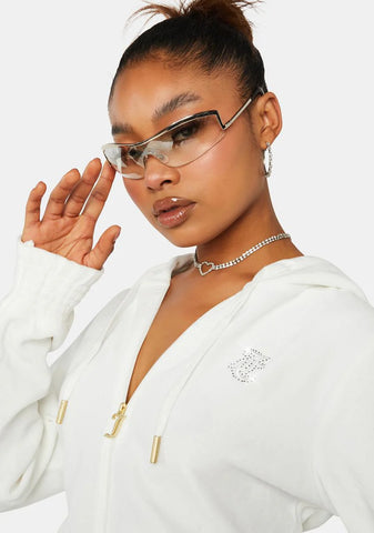 Cream Soda Monogram Cropped Velour Hoodie