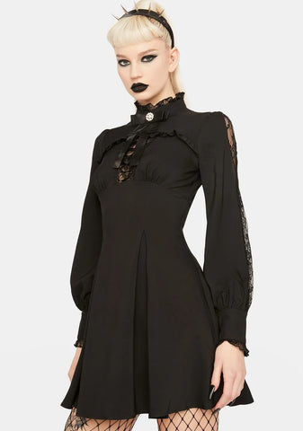 Ribbon Neck Tie Long Sleeve Mini Dress