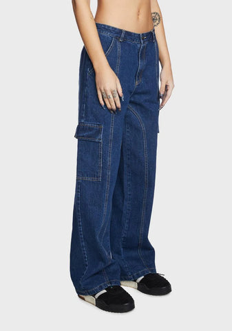 Wide Leg Denim Cargo Pants