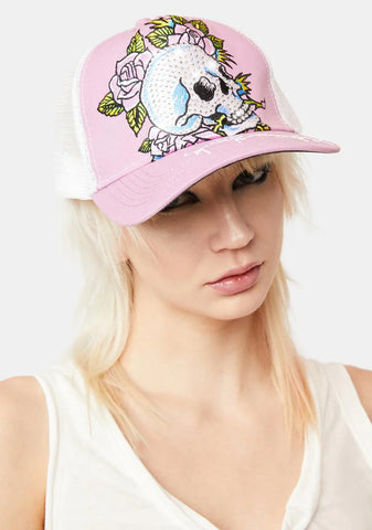 Rhinestone Heart Skull Hat