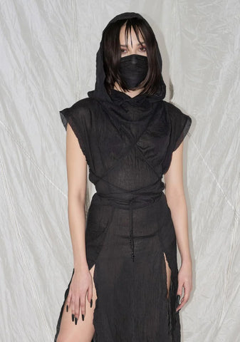 Synth Hooded Gauze Tunic Dress And Mask Set
