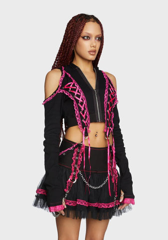 Pink Lace Crop Hoodie