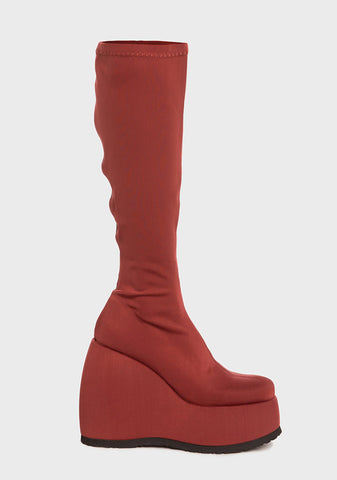 Red Roxy Wedge Knee High Boots