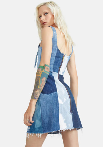 Reworked Denim Checkerboard Bleached Mini Dress