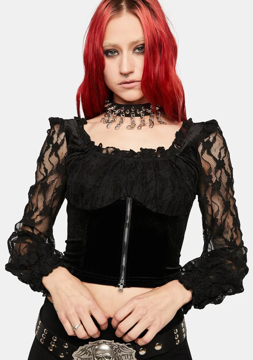 Square Neck Velvet Paneled Lace Top