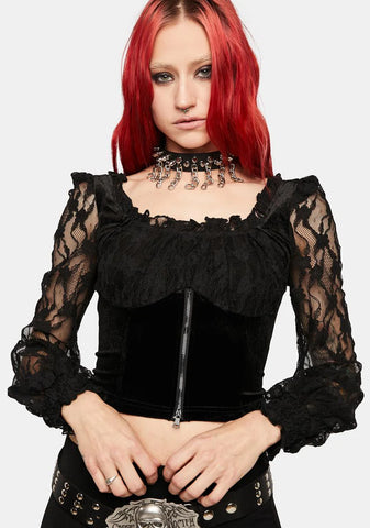 Square Neck Velvet Paneled Lace Top